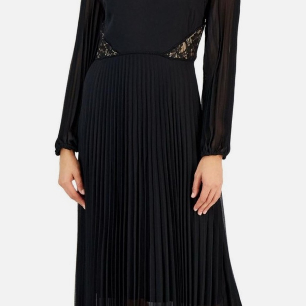 Taylor Black Pleated Bishop Sleeve Cocktail Dress